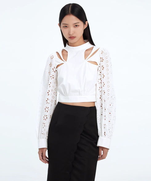Cut Out Lace Sleeve Blouse
